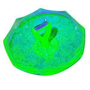 Antique Uranium Depression Era Etched Glass Bowl Center Handle Gilt Gold Trim